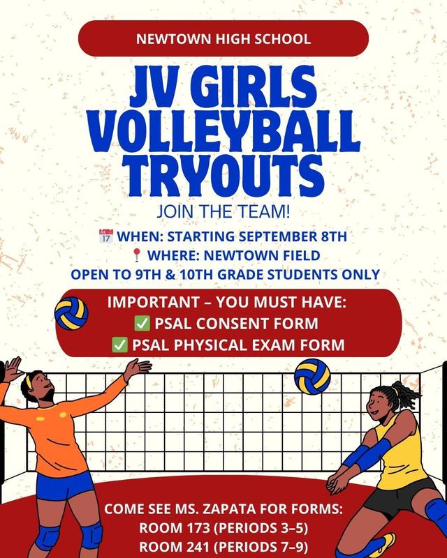 Volleyball tryouts flyer. Cartoonish image of two girls playing volleyball. All text in adjoining post.