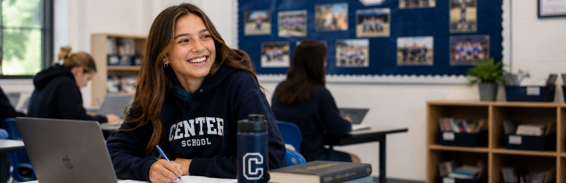 Middle School student in class smiling, with Center School Hoodie.