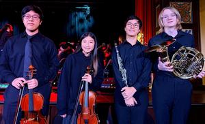 Pictured left to right: Aiden Lee, Abigail Keum, Justin Kim, and Wilson Jaroch prepare for their performances during the Winter Choir Concert. (Photo Courtesy of South Pasadena Unified School District)