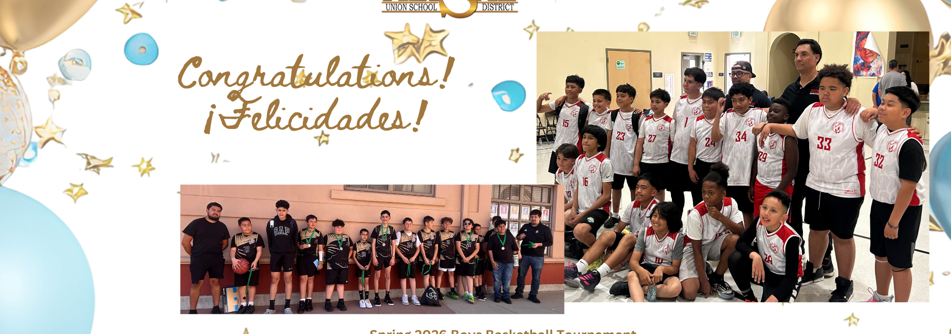 A celebratory collage for a basketball tournament featuring teams and players.