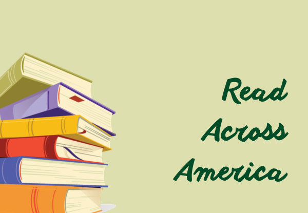 Graphic of colorful stack of books on green background.
