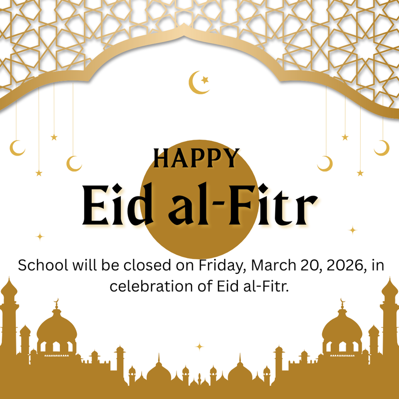 Greeting card for Eid al-Fitr with decorative elements and closure notice.