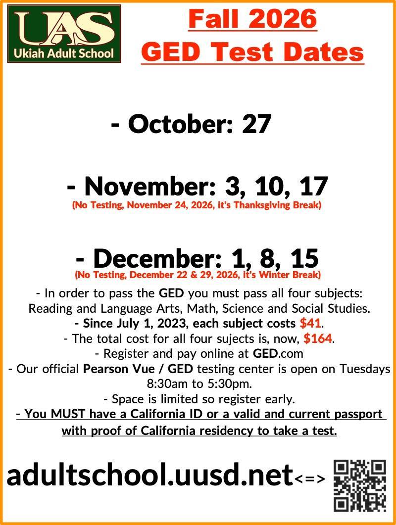 Fall 2026 GED / Pearson-Vue test dates poster.