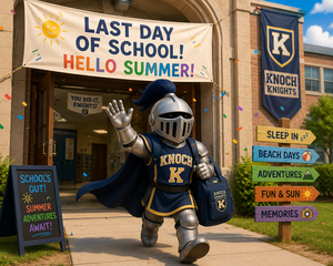 knight walking out the door waving goodbye