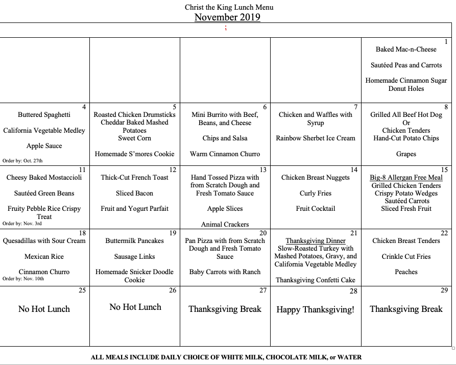 Hot Lunch Resources Christ the King School