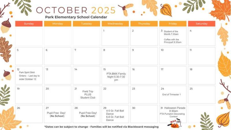 October - November School Calendar Featured Photo