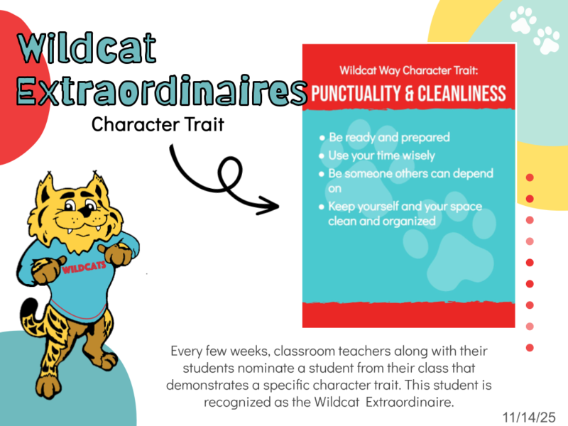 white background with Parker wearing blue Wildcats shirt introducing the word