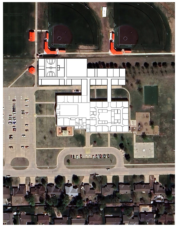 A high level arial overview of what a site plan for hosting the middle school at the Eisenhower site could look like