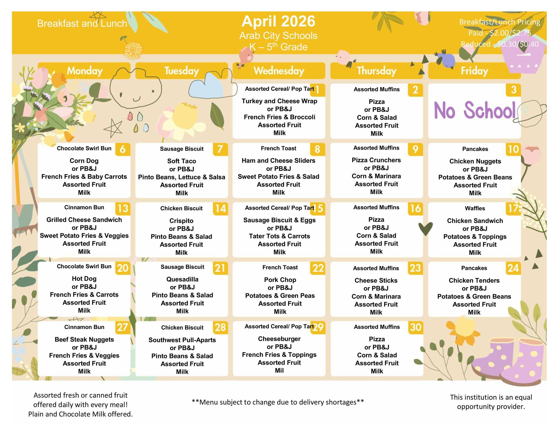 April 2026 Menu - PreK-5