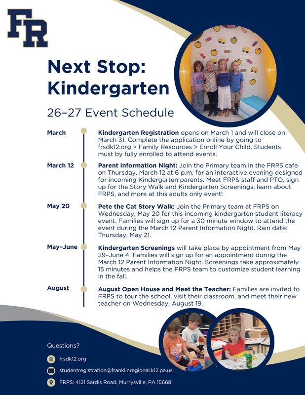 Franklin Regional School District Kindergarten Registration events scheduled for the 26–27 school year.
