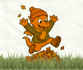 Illustrated dragon jumping in a pile of leaves