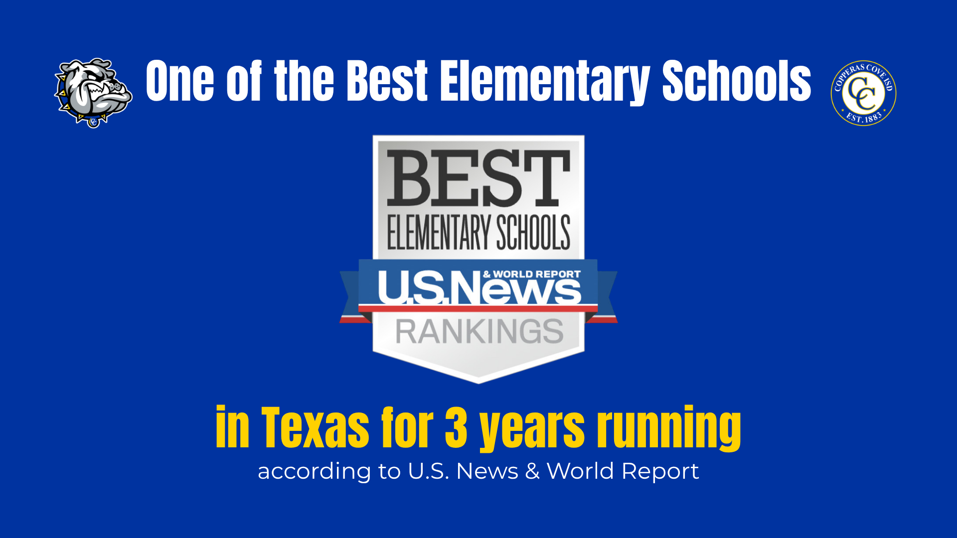 Blue background featuring a badge and text about elementary school rankings in Texas.