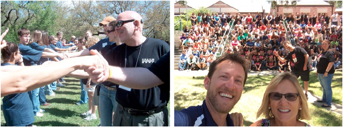 Two images showcasing the Texas School for the Deaf (TSD) Statewide Outreach Center programs. The left image features a group activity outdoors, with participants standing in two lines, smiling, and holding hands in a cooperative exercise. The right image depicts a large group photo taken on an outdoor staircase, showing a diverse crowd of participants, with two individuals in the foreground smiling for a selfie and others in the background waving and posing.