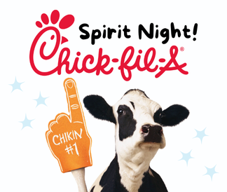 Cow holding orange foam finger that says Chikin #1 with the CFA logo and the words Spirit Night