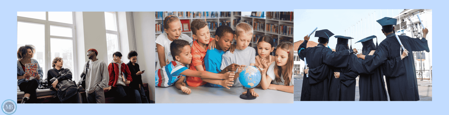 Collage of children learning, studying, and graduating.