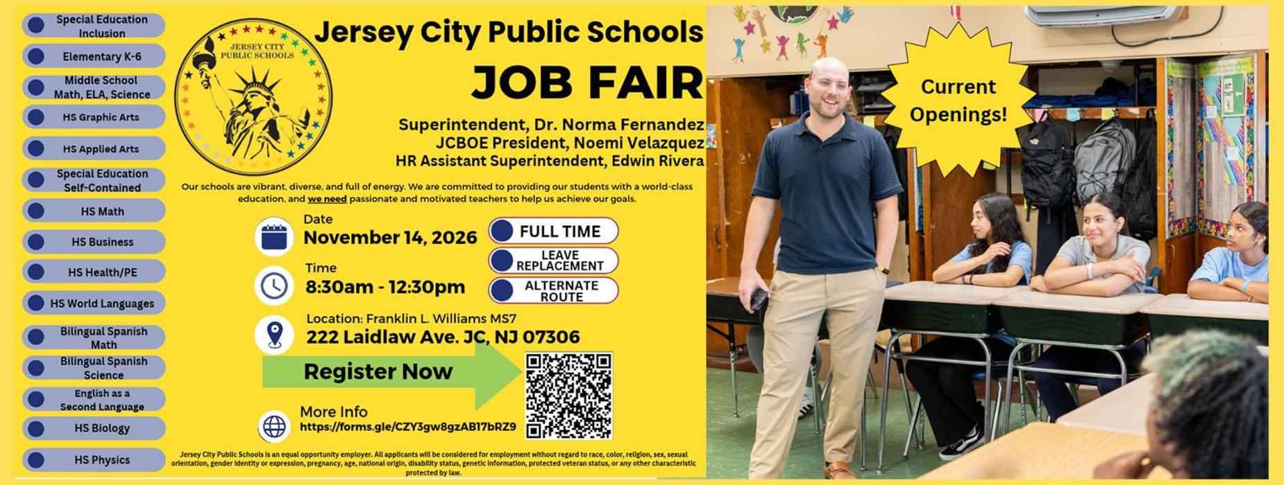 Job fair flyer for Jersey City Public Schools with details on date and location.
