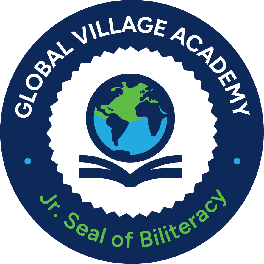 Global Village Academy jr Seal of Biliteracy featuring globe and open book icon