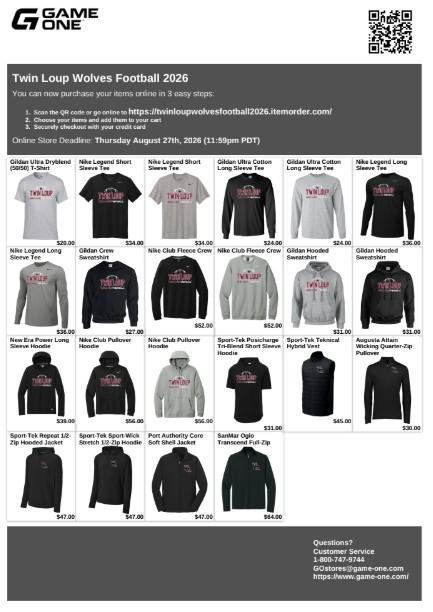 Twin Loup Wolves Football 2026 team store catalog featuring women’s and unisex apparel, including T-shirts, long-sleeve shirts, sweatshirts, hoodies, jackets, vests, and quarter-zip pullovers in black, gray, and maroon. Prices range from $20 to $64. The catalog includes a QR code and instructions for ordering online, with an order deadline of August 27, 2026.