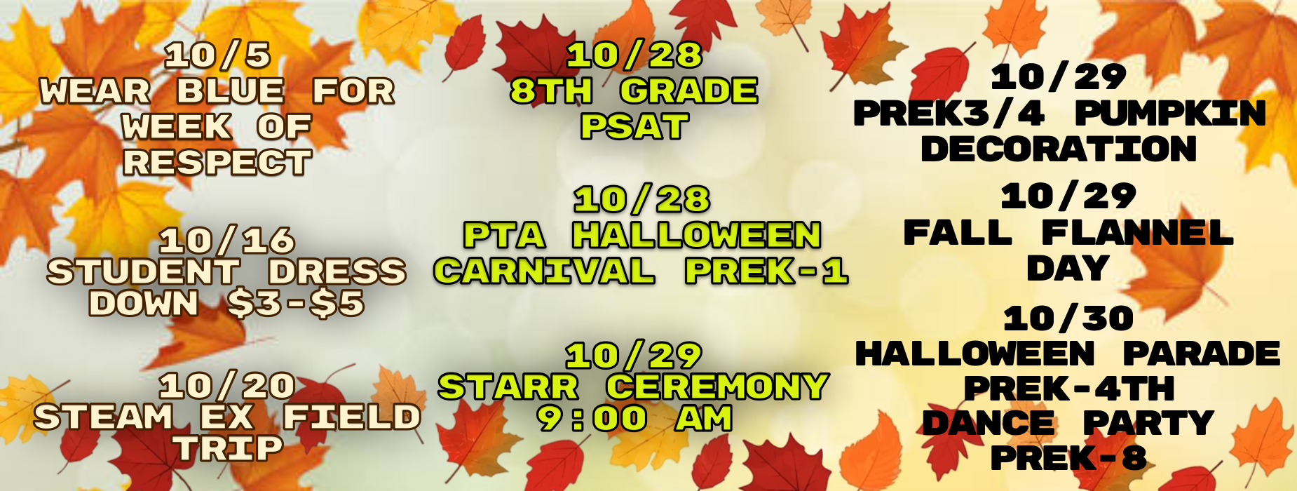 Text calendar of events with fall leaves background highlighting activities.