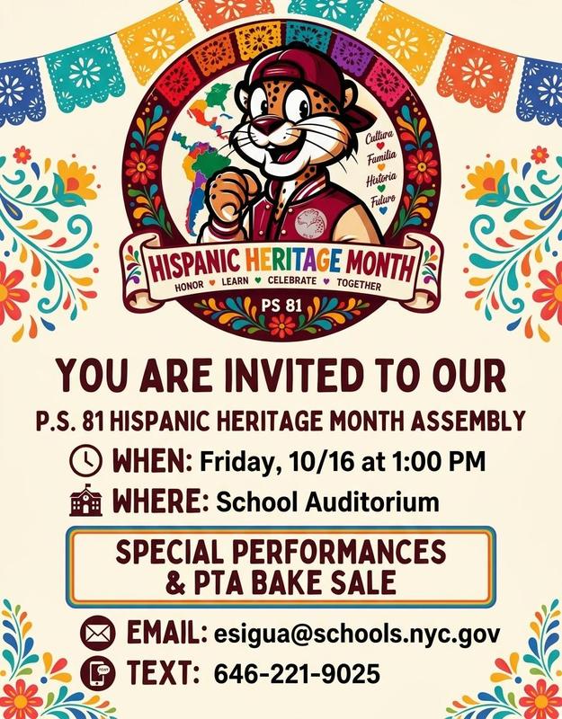 Hispanic Heritage Month Assembly flyer. On Oct 16th - English