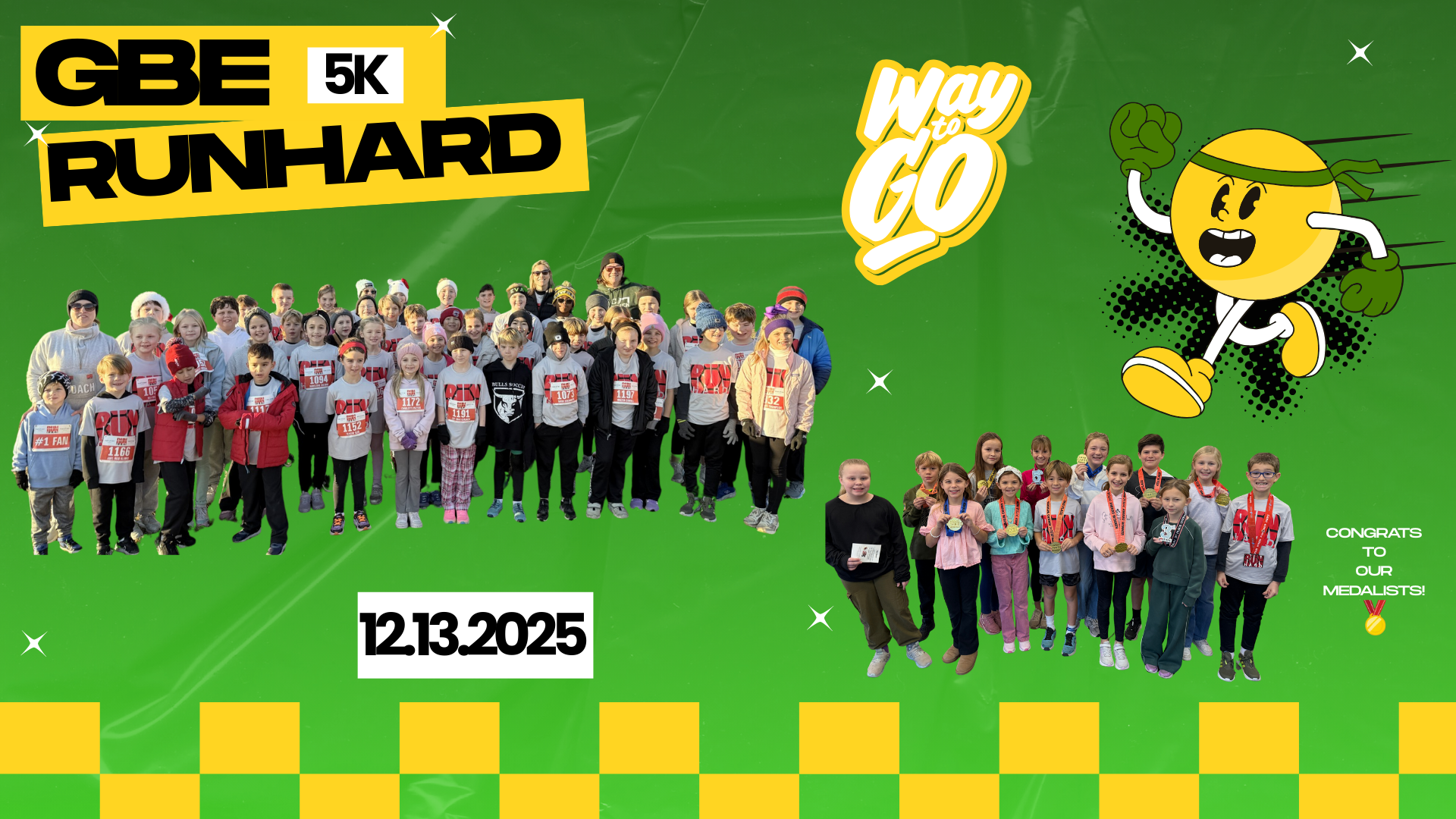 Photo of GBE students at a 5K run event with medals and banners.