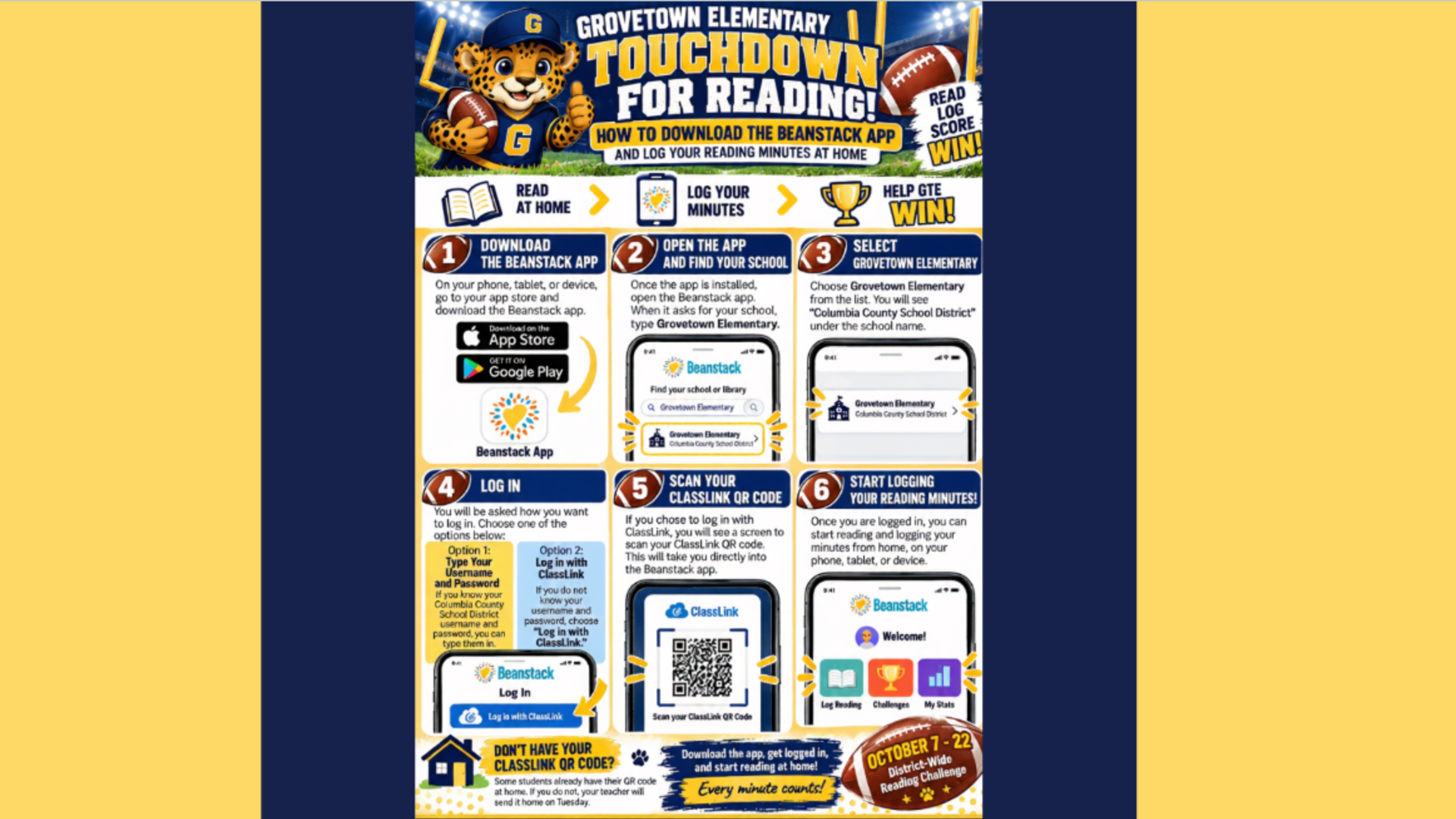 A colorful flyer promoting reading challenges at Grovetown Elementary with step-by-step instructions.
