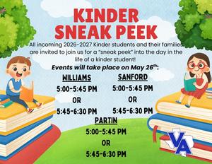 Flyer advertising on-campus Kindergarten Sneak Peek on May 26