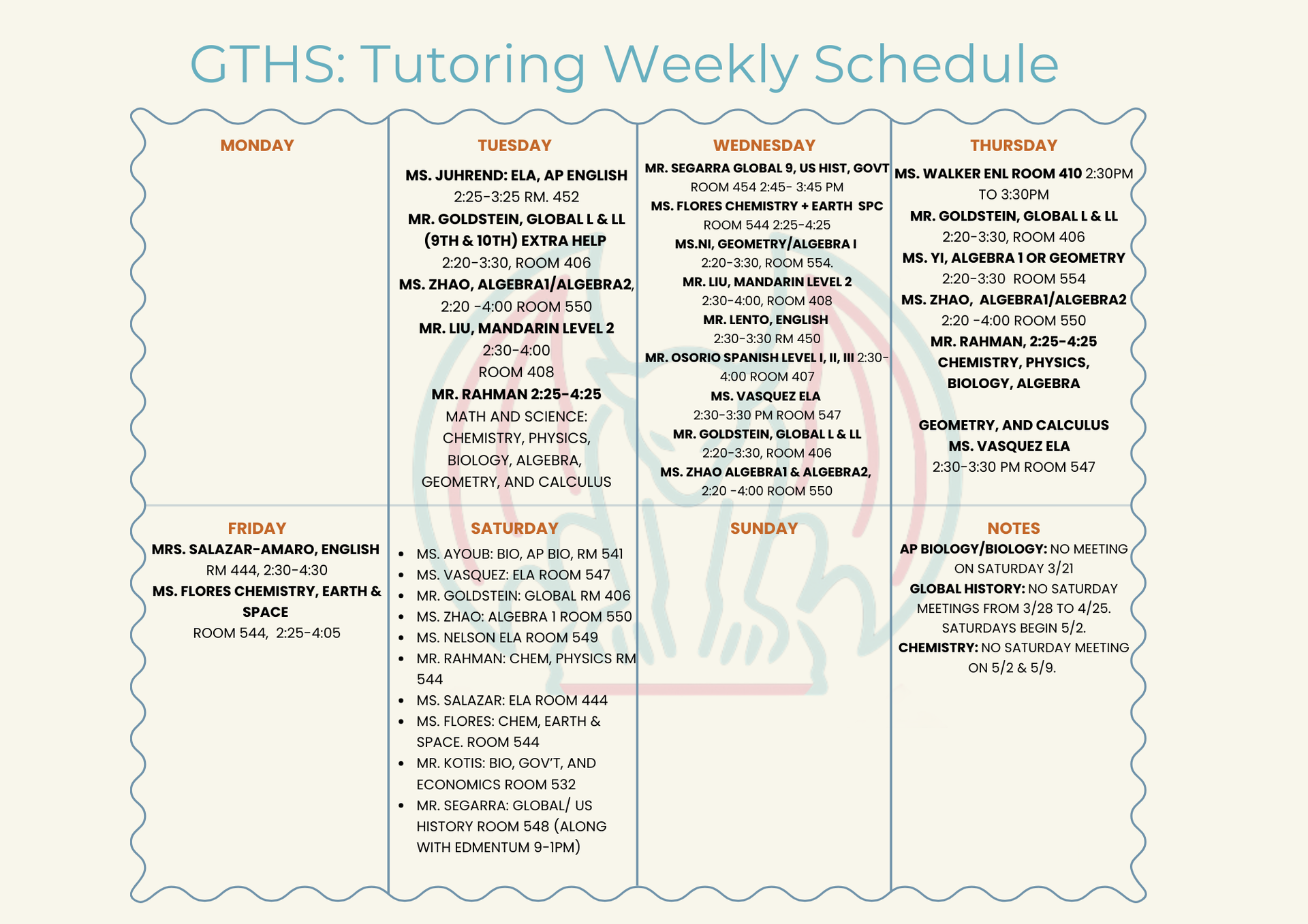 Tutoring Schedule GTHS