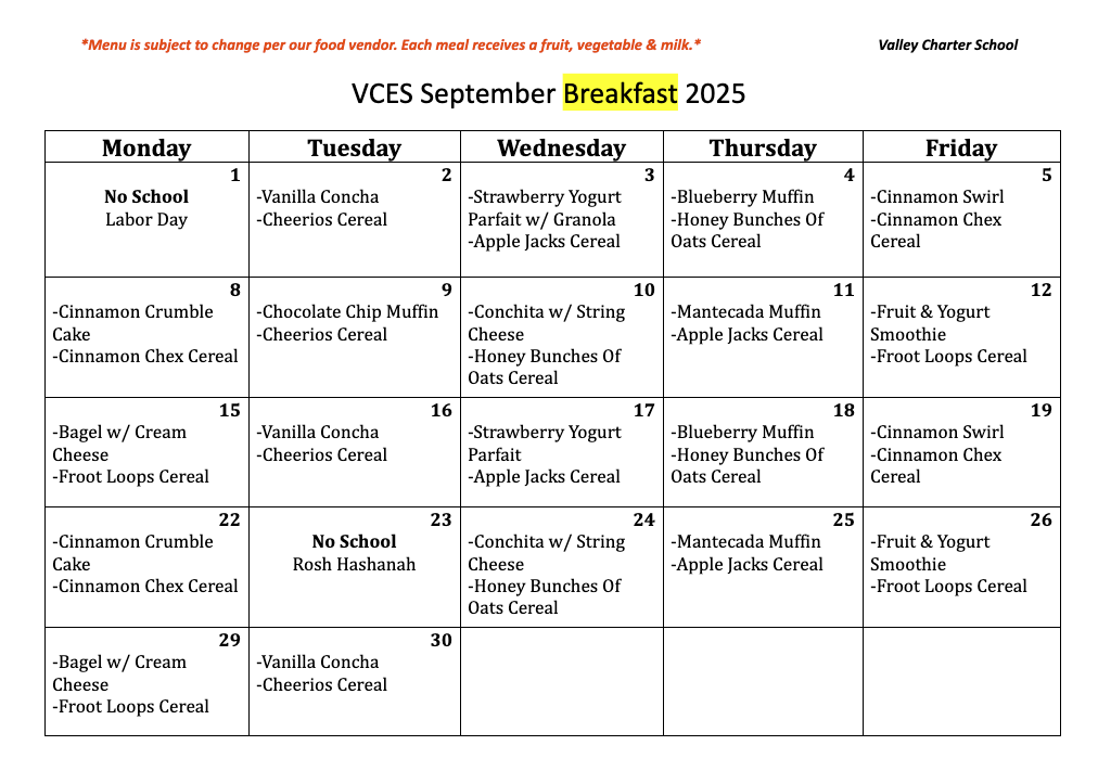 valley charter elementary school monthly breakfast menu