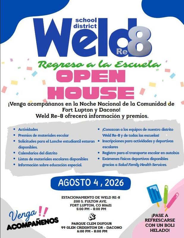 Flyer in Spanish for the Weld Re-8 Back to School Open House