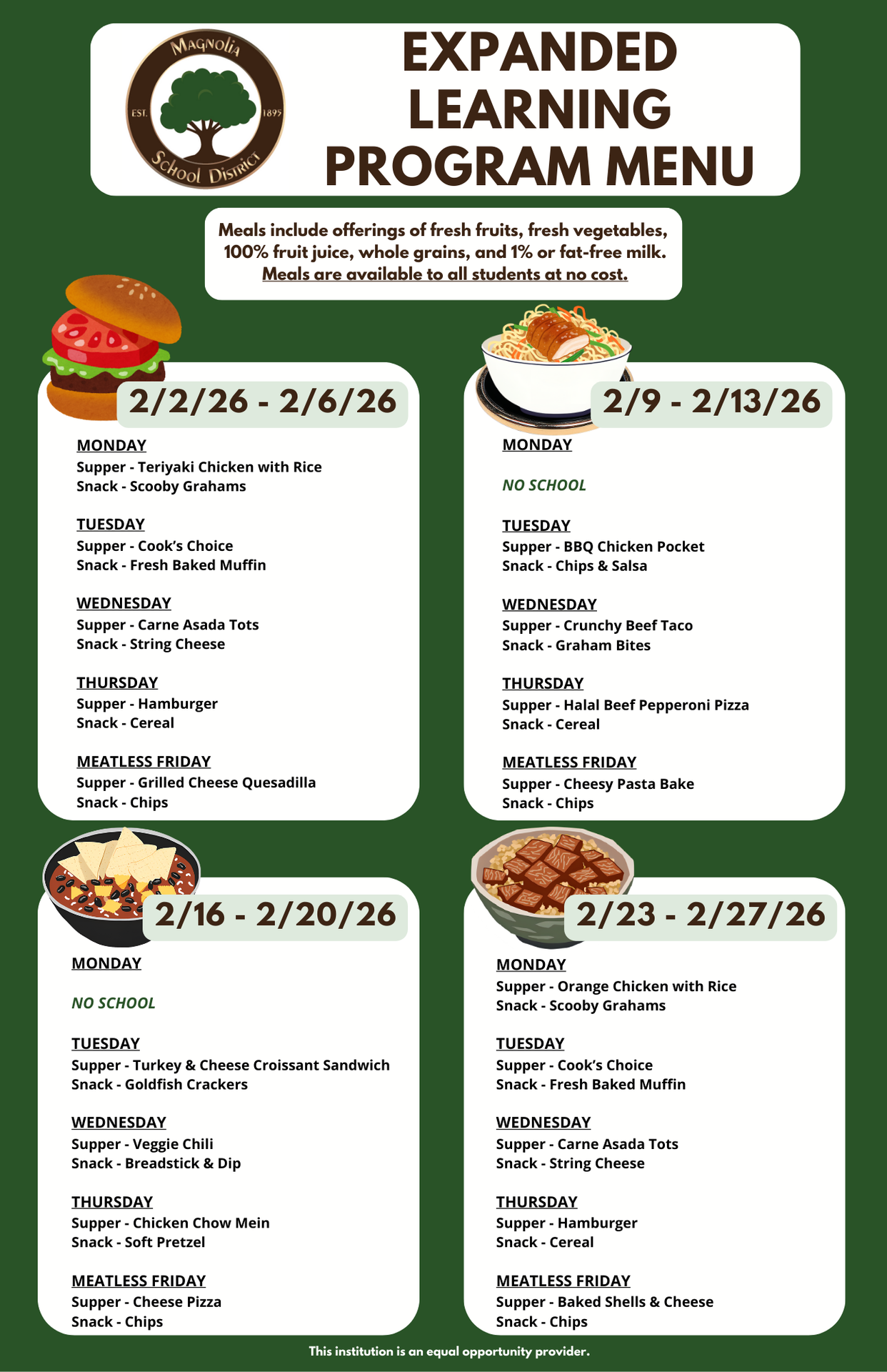 ELP Supper and Snack Menu for February 2026