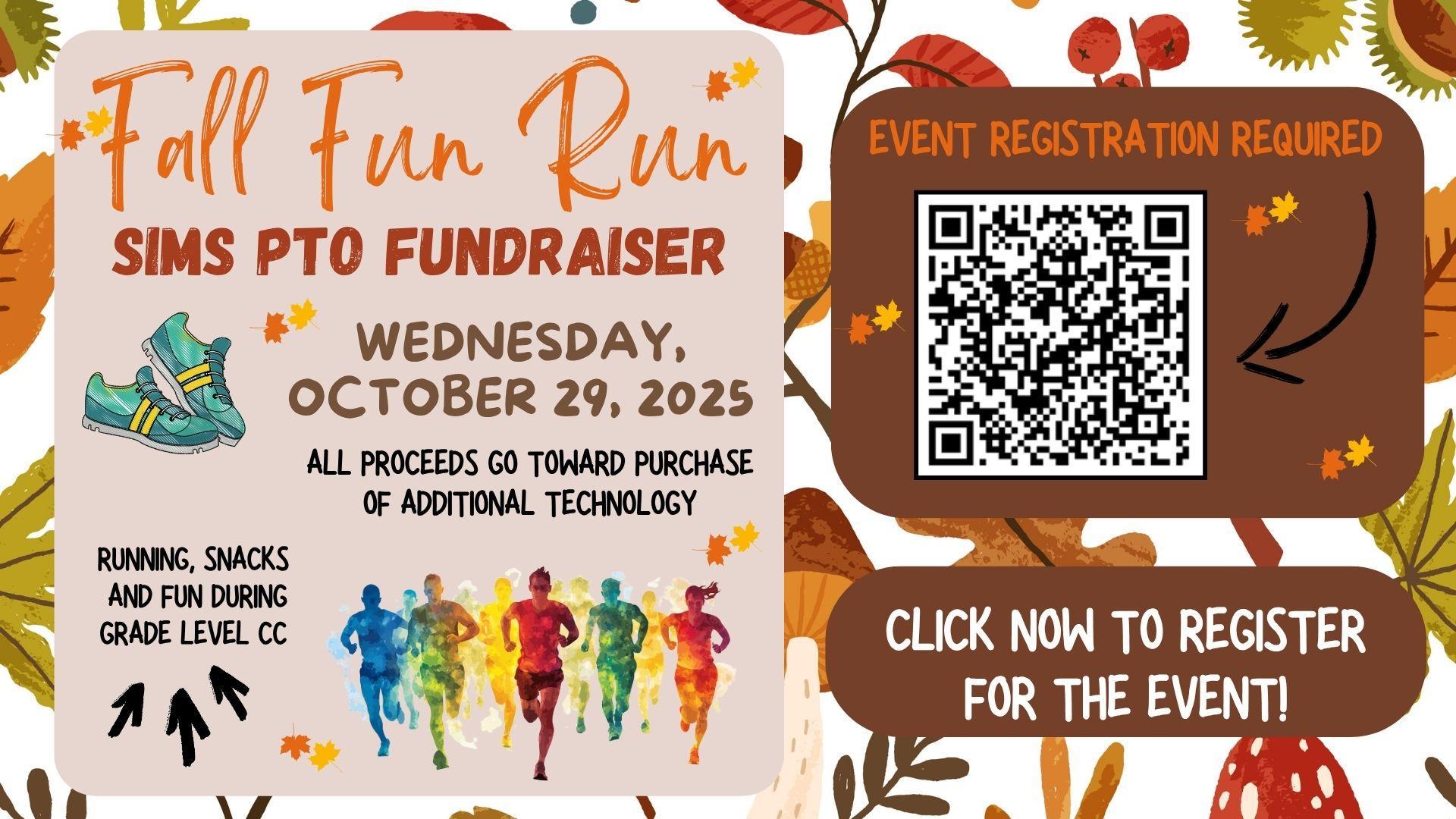 Fall Fun Run fundraiser flyer featuring event details, QR code, and colorful graphics.