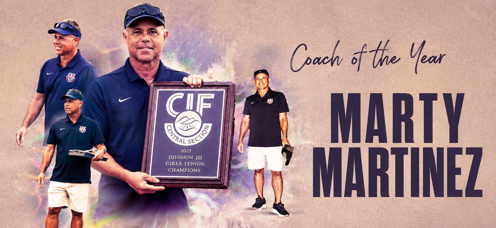 A collage featuring a coach holding a championship plaque and posing in various settings.