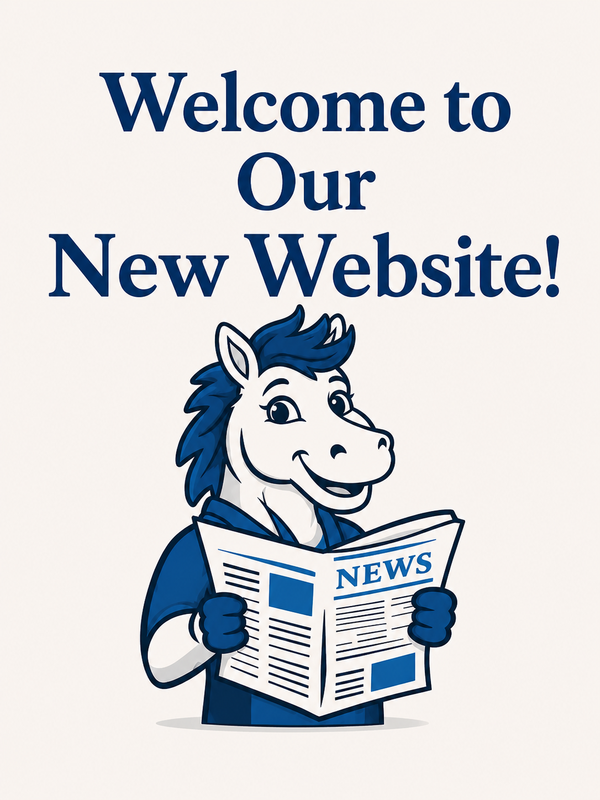 Welcome to Our New Website with mustang holding newspaper