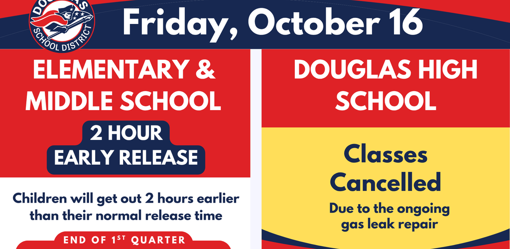 Friday, October 16 Update: No classes for Douglas High School, all other schools have a 2 hour early release.