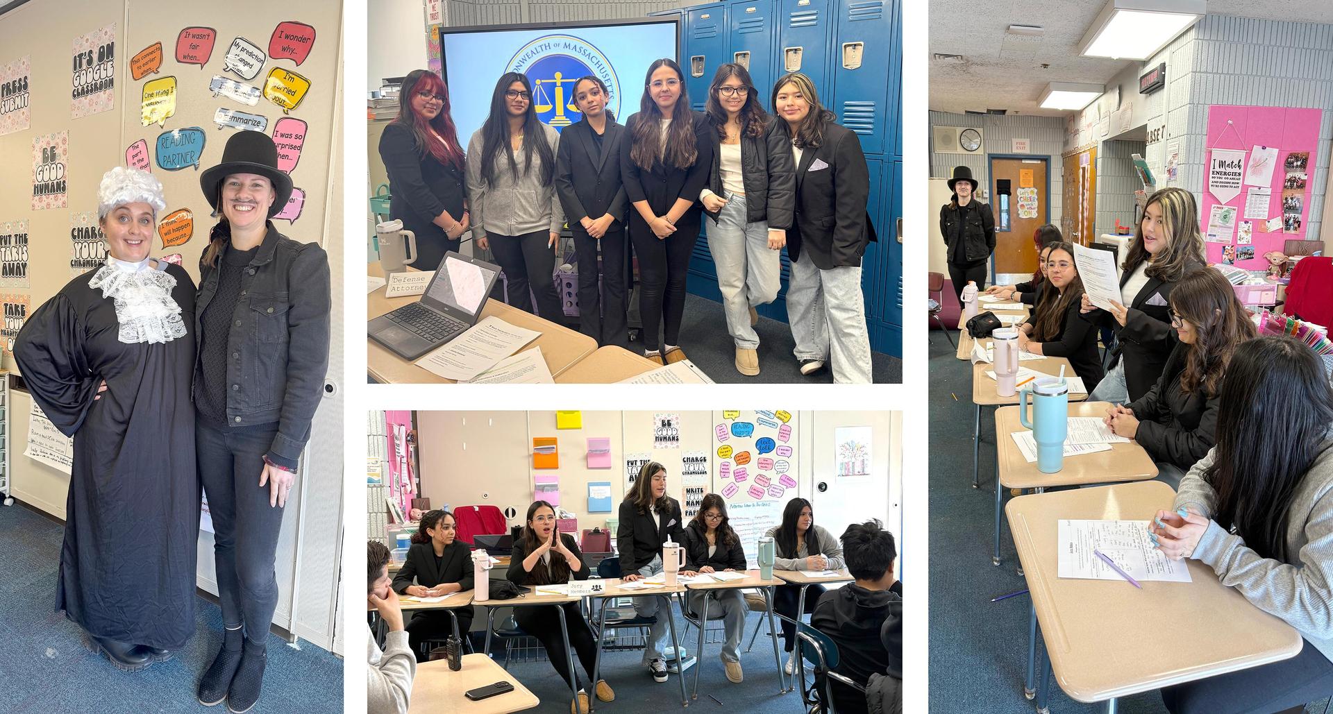 Group of students in professional attire participating in mock trial activities.