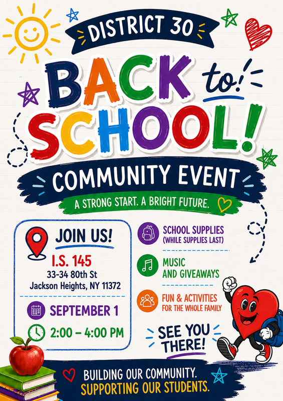 Back to school community event by district 30 flyer with information at the bottom there’s a picture of a heart with eyes and it’s walking
