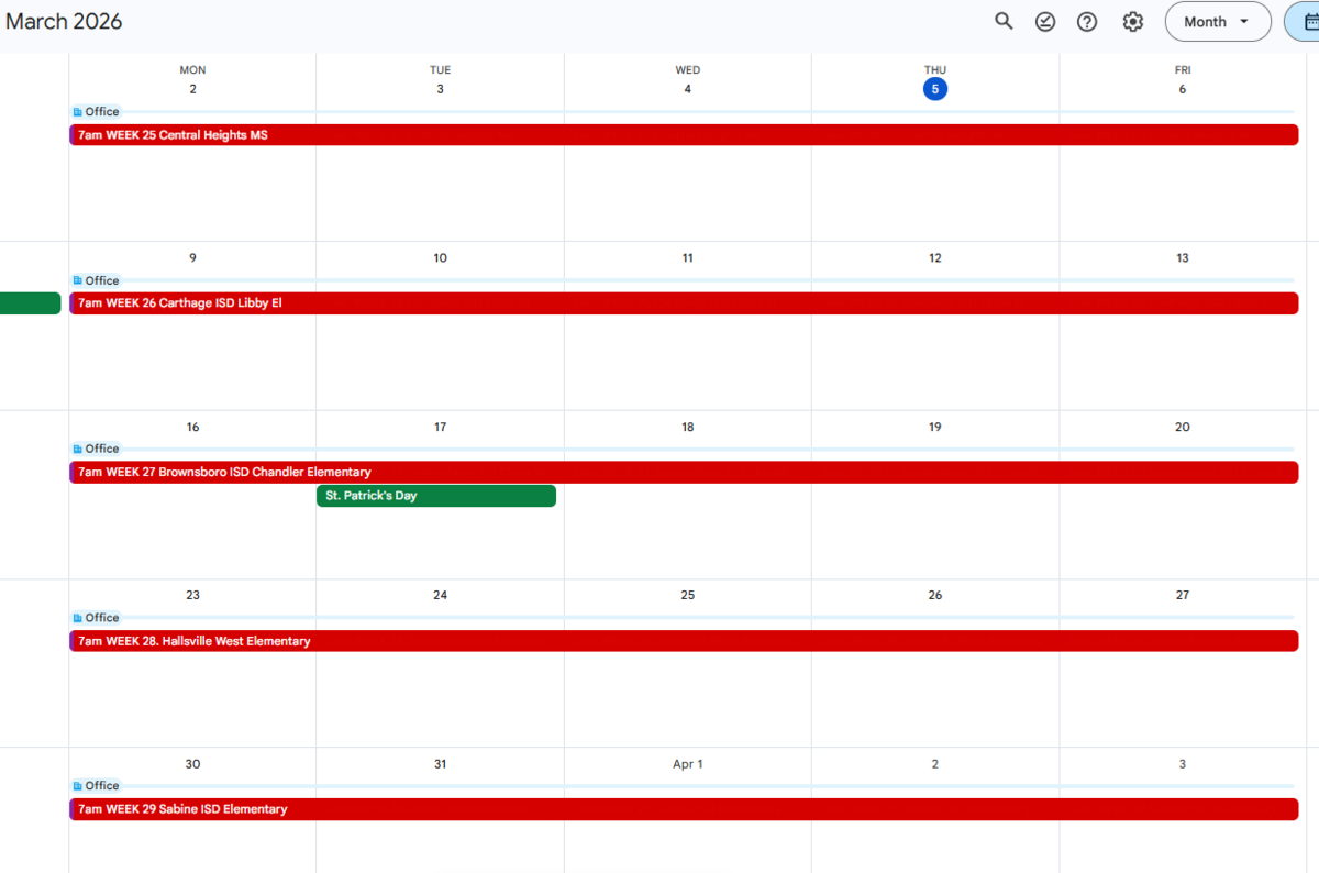 March 2026 calendar. Week 28, March 23-27 is still available.