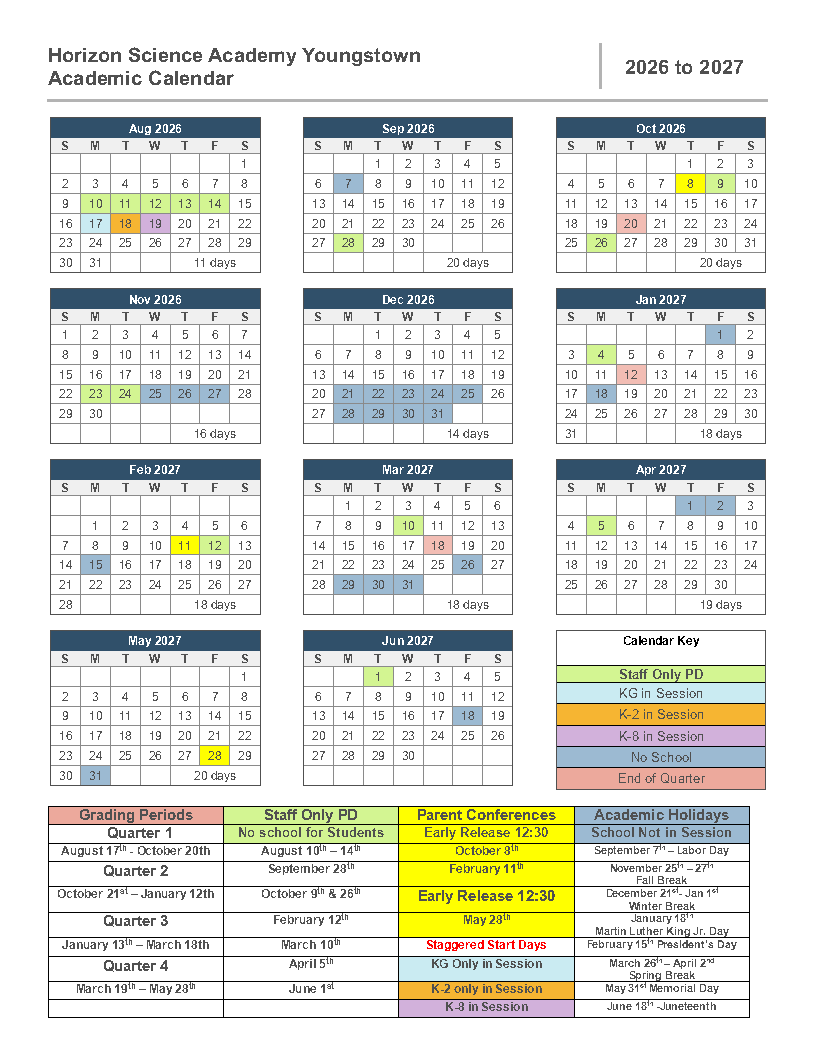 HSA Youngstown 2026-27 Calendar