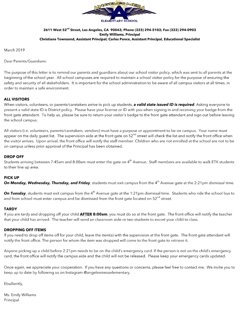 Visitors Policy Parents & Caregivers Angeles Mesa Elementary