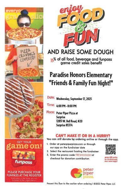 Peter Piper Pizza Fundraiser Night is Wednesday, September 17th ~4:00-8:00 PM!