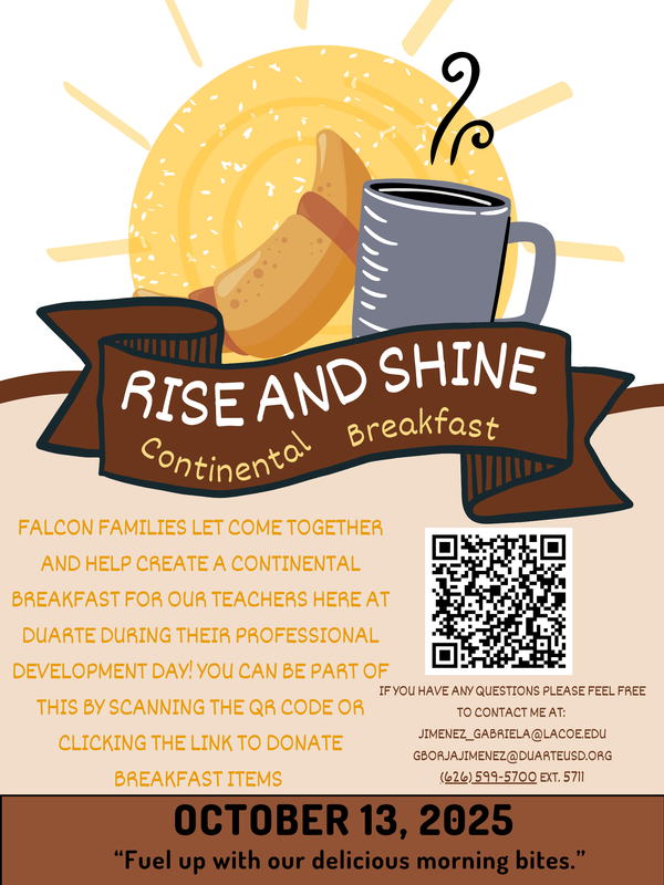 A flyer promoting a continental breakfast event with a coffee cup, bread, and QR code.