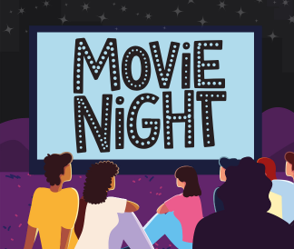 People sitting in front of a screen saying Movie Night with dark starry background