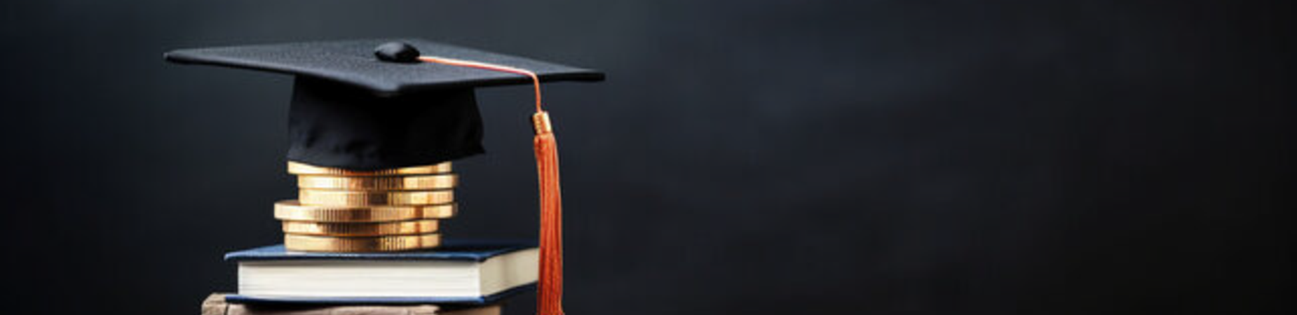 books on a table with coins and graduation cap