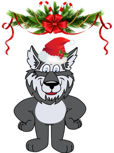 Wolf wearing a Christmas hat, green, ribbons, candy canes