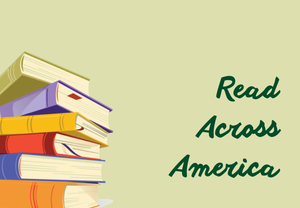Graphic of colorful stack of books on green background.