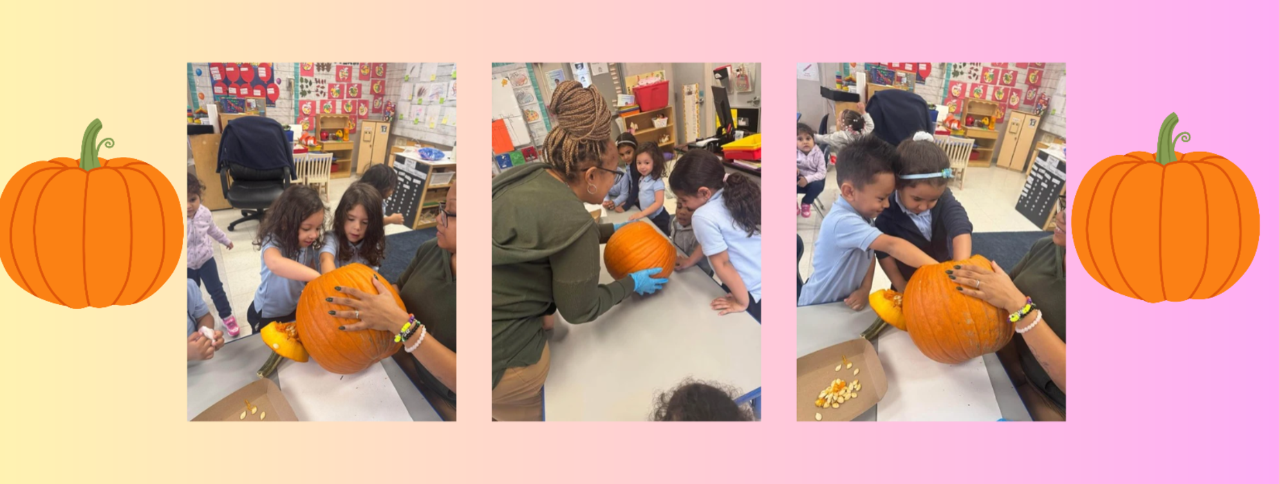 Children and adults exploring a pumpkin in a classroom setting.