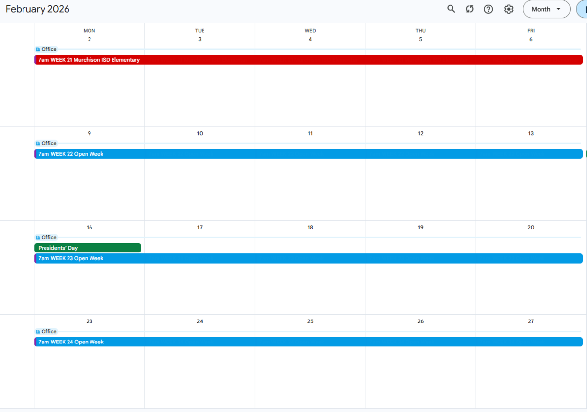 FEBRUARY 2026 calendar. All weeks have been reserved.