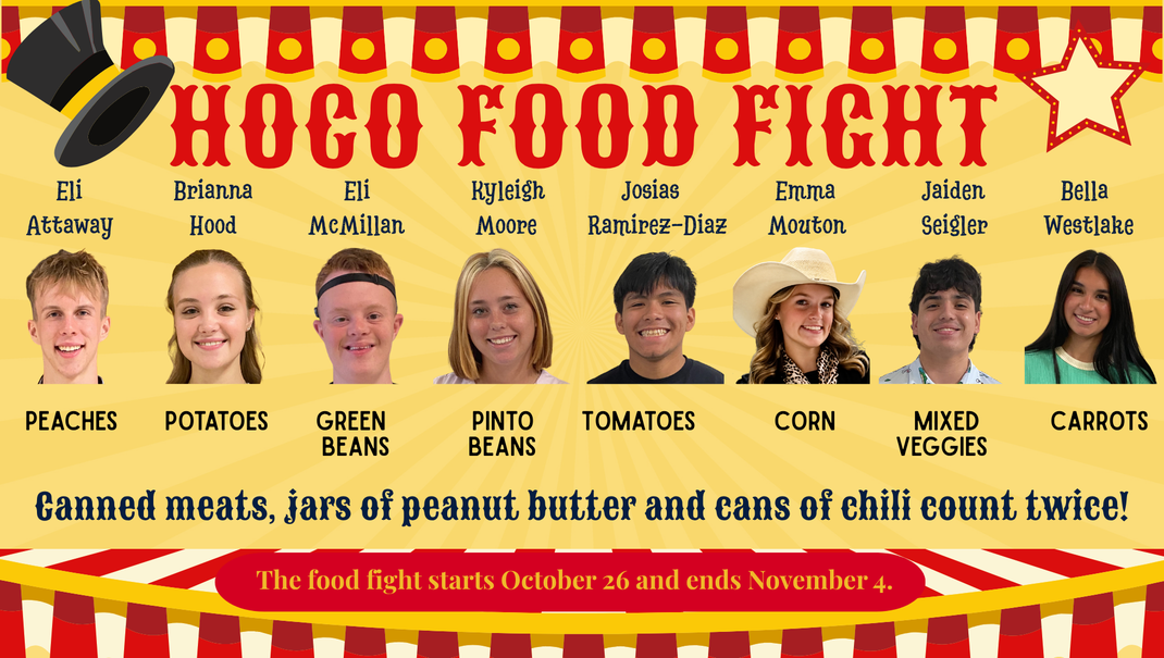 Promotional banner for a food fight event with lively graphics and participant names.