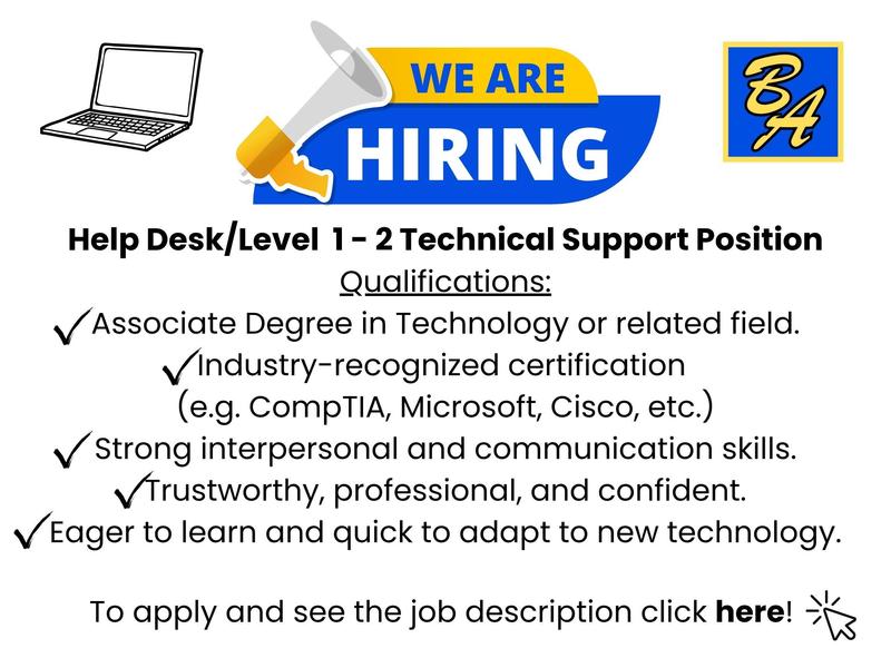 Job recruitment poster for a Help Desk/Technical Support position with qualifications listed.